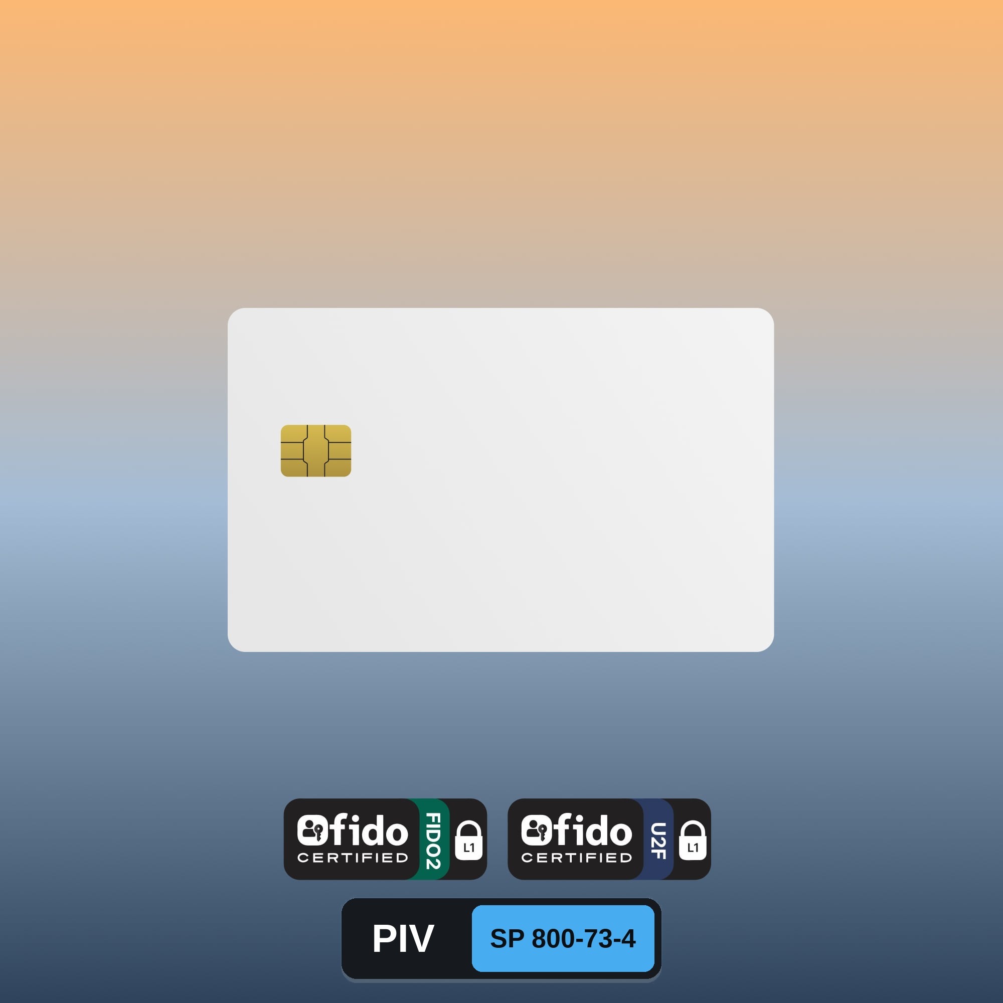 Cryptnox FIDO2 + PIV white PVC smart card with FIDO2, U2F and PIV SP 800-73-4 certification badges