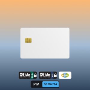 Cryptnox FIDO2 + PIV + MIFARE white PVC smart card with FIDO2, U2F, MIFARE DESFire and PIV SP 800-73-4 certification badges